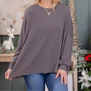 Gray Ribbed Long Sleeve Top